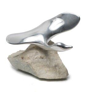 Vintage Hoselton Polished Aluminum Flying Goose Bird Sculpture Signed Art Stone